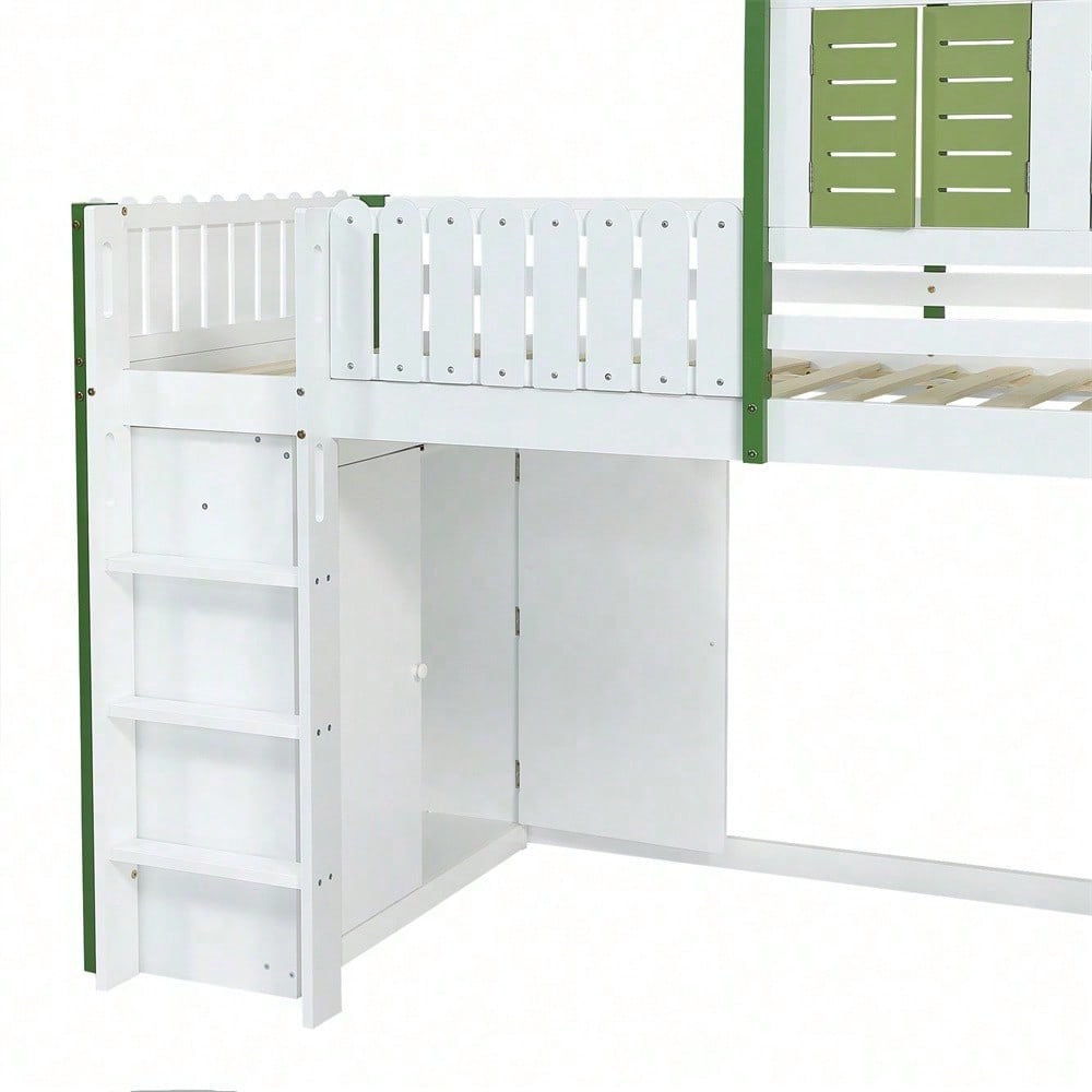 Hochbett, Kinderbett mit Fallschutzgitter, Mit Dach und Fenster , Reichlich Stauraum mit Kleiderschrank, Dreischichtiges offenes Lagerregal, Dreistufige Leiter, Kiefer+MDF+Sperrholz, Weiß+Grün, 90x200