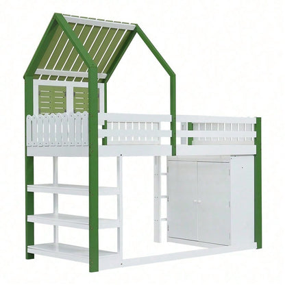 Hochbett, Kinderbett mit Fallschutzgitter, Mit Dach und Fenster , Reichlich Stauraum mit Kleiderschrank, Dreischichtiges offenes Lagerregal, Dreistufige Leiter, Kiefer+MDF+Sperrholz, Weiß+Grün, 90x200
