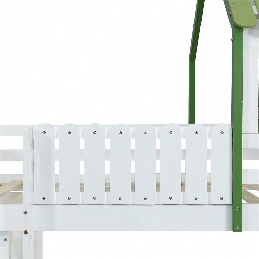 Hochbett, Kinderbett mit Fallschutzgitter, Mit Dach und Fenster , Reichlich Stauraum mit Kleiderschrank, Dreischichtiges offenes Lagerregal, Dreistufige Leiter, Kiefer+MDF+Sperrholz, Weiß+Grün, 90x200