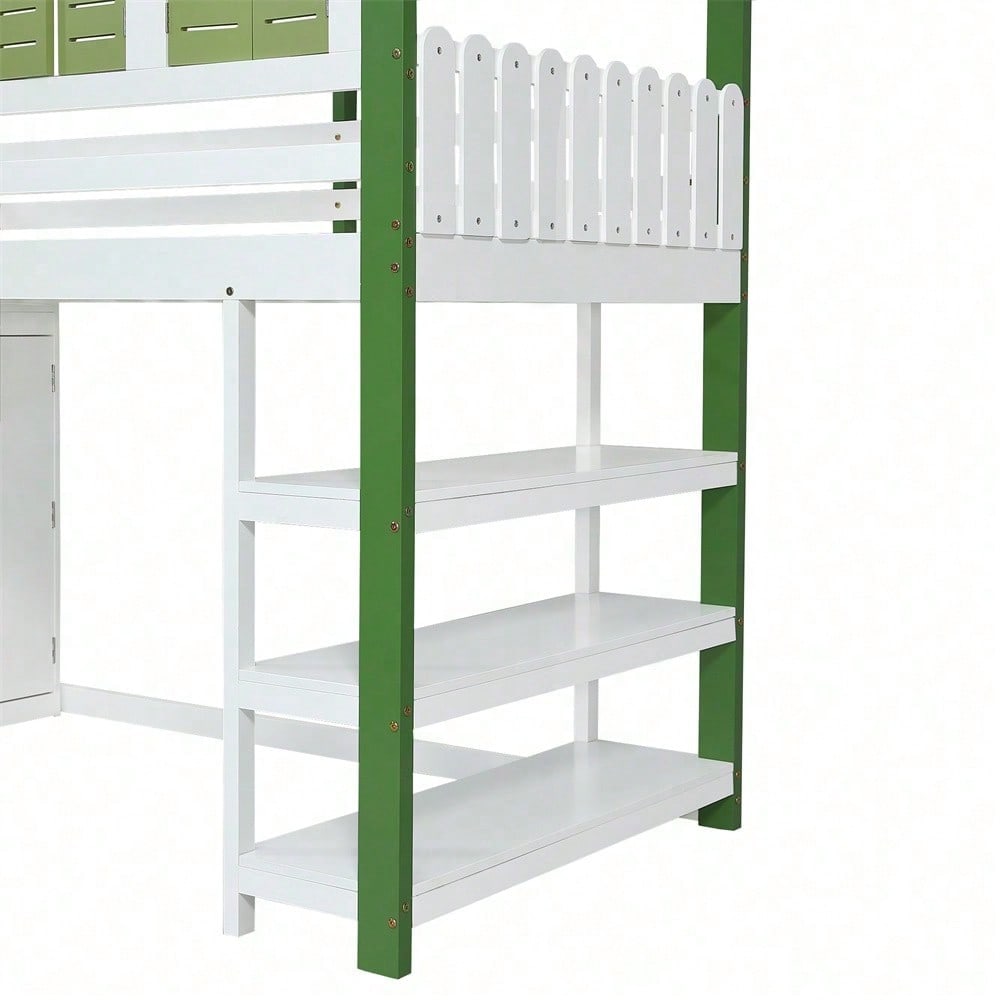 Hochbett, Kinderbett mit Fallschutzgitter, Mit Dach und Fenster , Reichlich Stauraum mit Kleiderschrank, Dreischichtiges offenes Lagerregal, Dreistufige Leiter, Kiefer+MDF+Sperrholz, Weiß+Grün, 90x200