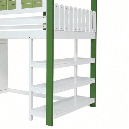Hochbett, Kinderbett mit Fallschutzgitter, Mit Dach und Fenster , Reichlich Stauraum mit Kleiderschrank, Dreischichtiges offenes Lagerregal, Dreistufige Leiter, Kiefer+MDF+Sperrholz, Weiß+Grün, 90x200