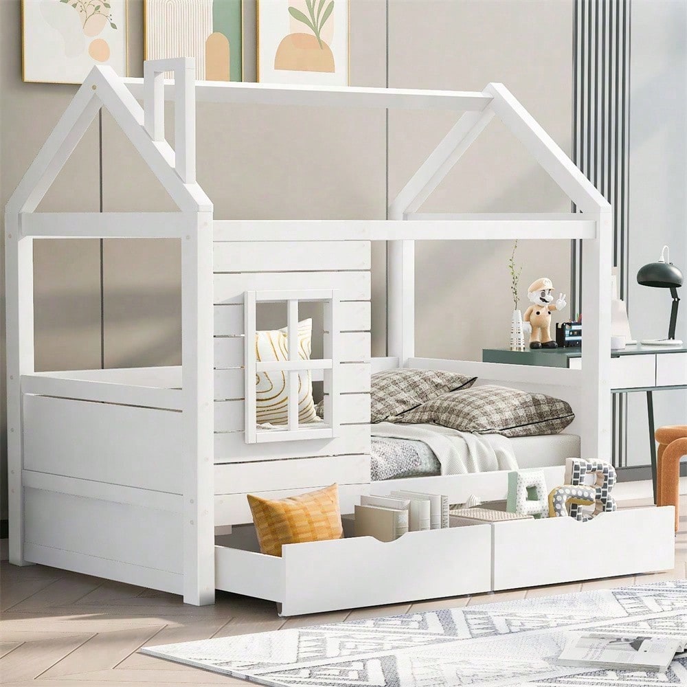 Hausbett Kinderbett Jugendbett 80*160 mit Rausfallschutz vielseitiges Holz Kinderbett für Jungen & Mädchen, Massivholz Kinder Bett mit Rausfallschutz Fenster und Lattenrost, Weiss