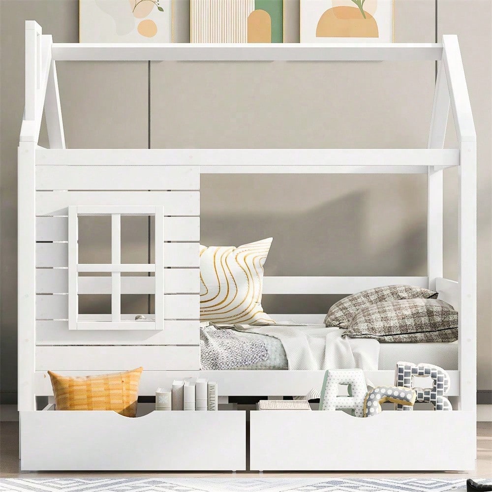 Hausbett Kinderbett Jugendbett 80*160 mit Rausfallschutz vielseitiges Holz Kinderbett für Jungen & Mädchen, Massivholz Kinder Bett mit Rausfallschutz Fenster und Lattenrost, Weiss