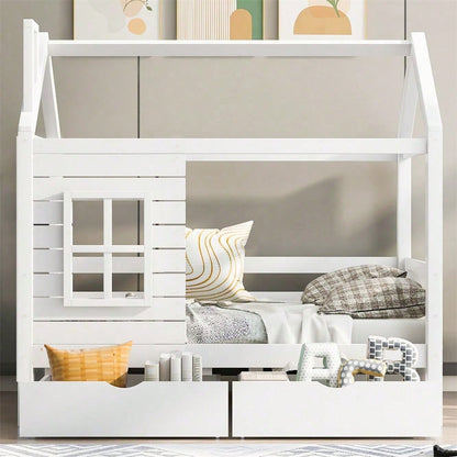Hausbett Kinderbett Jugendbett 80*160 mit Rausfallschutz vielseitiges Holz Kinderbett für Jungen & Mädchen, Massivholz Kinder Bett mit Rausfallschutz Fenster und Lattenrost, Weiss