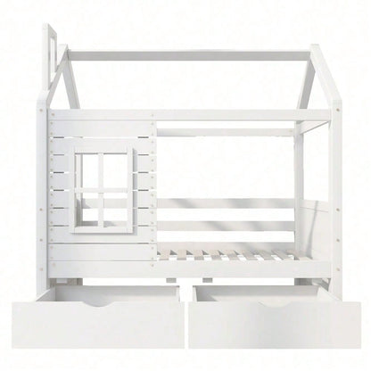 Hausbett Kinderbett Jugendbett 80*160 mit Rausfallschutz vielseitiges Holz Kinderbett für Jungen & Mädchen, Massivholz Kinder Bett mit Rausfallschutz Fenster und Lattenrost, Weiss