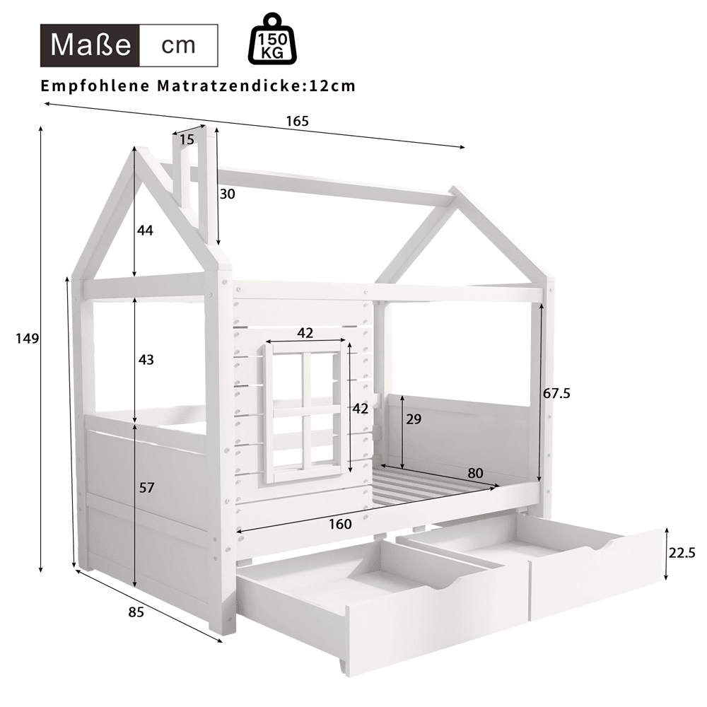 Hausbett Kinderbett Jugendbett 80*160 mit Rausfallschutz vielseitiges Holz Kinderbett für Jungen & Mädchen, Massivholz Kinder Bett mit Rausfallschutz Fenster und Lattenrost, Weiss