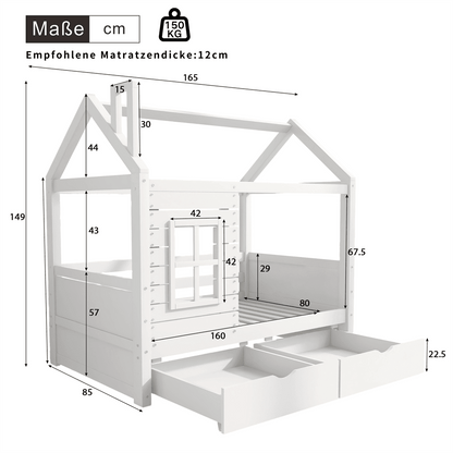 Hausbett Kinderbett Jugendbett 80*160 mit Rausfallschutz vielseitiges Holz Kinderbett für Jungen & Mädchen, Massivholz Kinder Bett mit Rausfallschutz Fenster und Lattenrost, Weiss