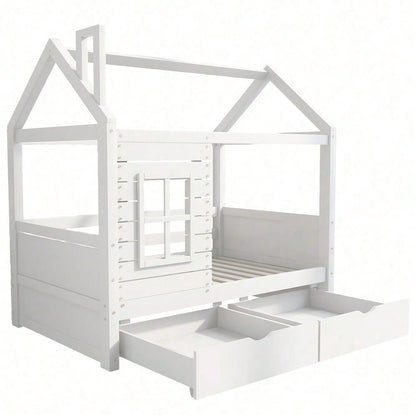Hausbett Kinderbett Jugendbett 80*160 mit Rausfallschutz vielseitiges Holz Kinderbett für Jungen & Mädchen, Massivholz Kinder Bett mit Rausfallschutz Fenster und Lattenrost, Weiss