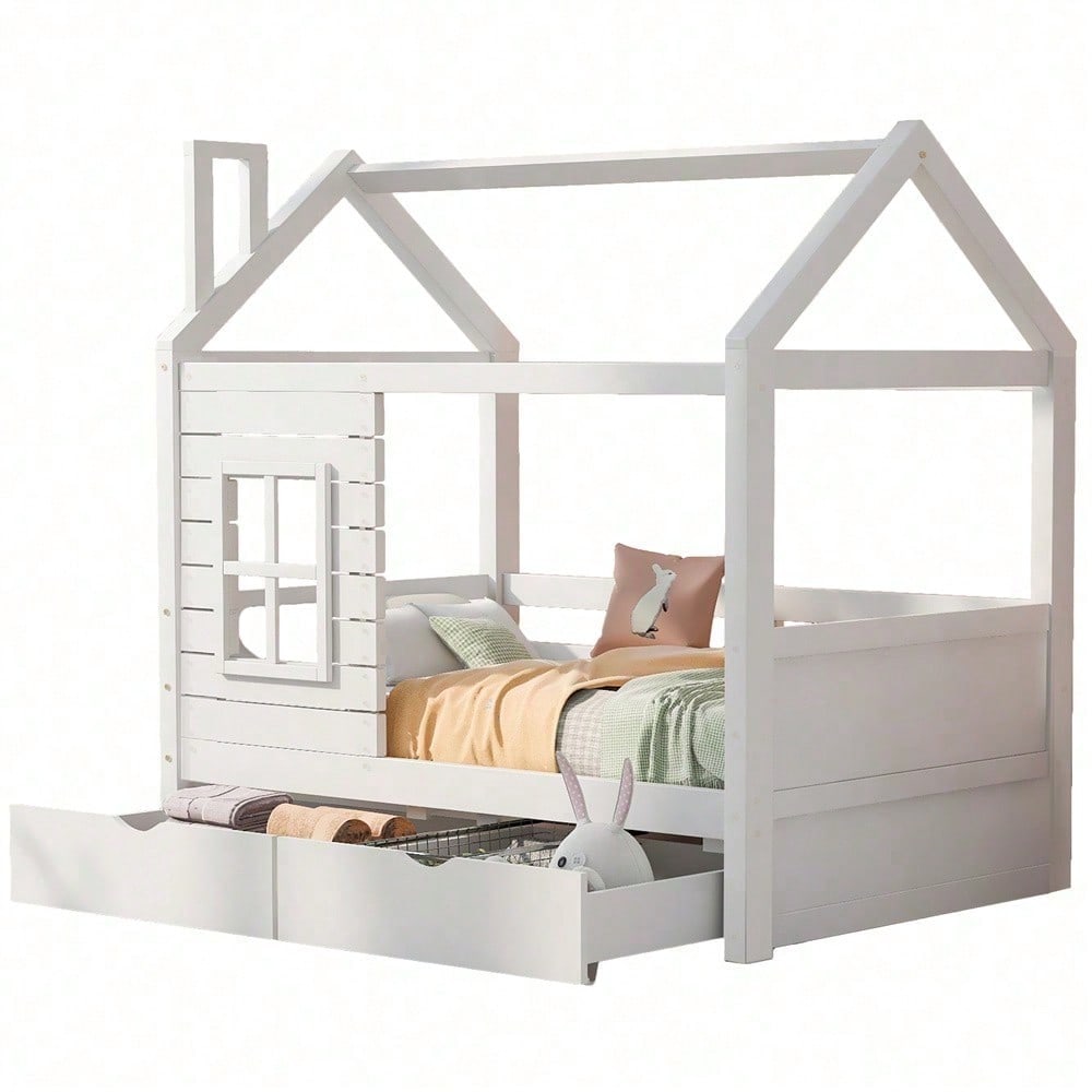 Hausbett Kinderbett Jugendbett 80*160 mit Rausfallschutz vielseitiges Holz Kinderbett für Jungen & Mädchen, Massivholz Kinder Bett mit Rausfallschutz Fenster und Lattenrost, Weiss