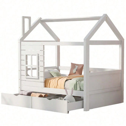 Hausbett Kinderbett Jugendbett 80*160 mit Rausfallschutz vielseitiges Holz Kinderbett für Jungen & Mädchen, Massivholz Kinder Bett mit Rausfallschutz Fenster und Lattenrost, Weiss