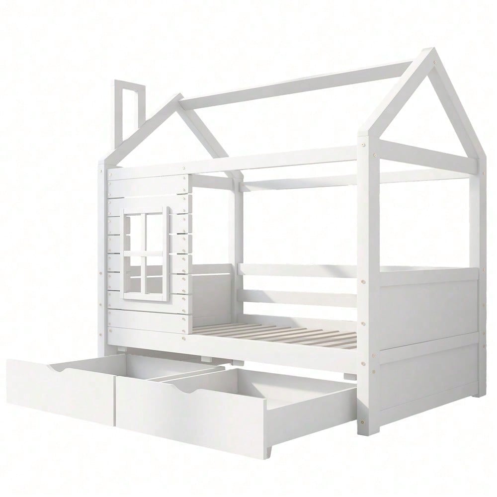 Hausbett Kinderbett Jugendbett 80*160 mit Rausfallschutz vielseitiges Holz Kinderbett für Jungen & Mädchen, Massivholz Kinder Bett mit Rausfallschutz Fenster und Lattenrost, Weiss