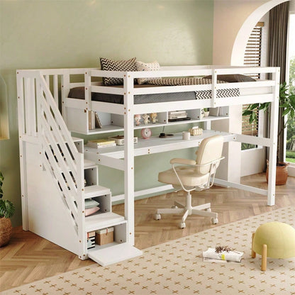 Kinderhochbett mit Stauraumtreppe 90*200cm, Massivholz+MDF, Etagenbett, Kinderbett mit großen Schreibtisch und Regalen,