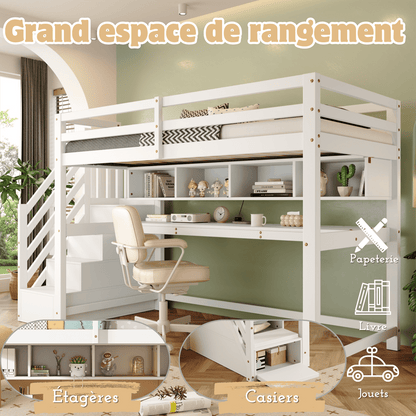 Kinderhochbett mit Stauraumtreppe 90*200cm, Massivholz+MDF, Etagenbett, Kinderbett mit großen Schreibtisch und Regalen,
