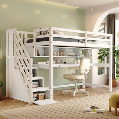 Kinderhochbett mit Stauraumtreppe 90*200cm, Massivholz+MDF, Etagenbett, Kinderbett mit großen Schreibtisch und Regalen,
