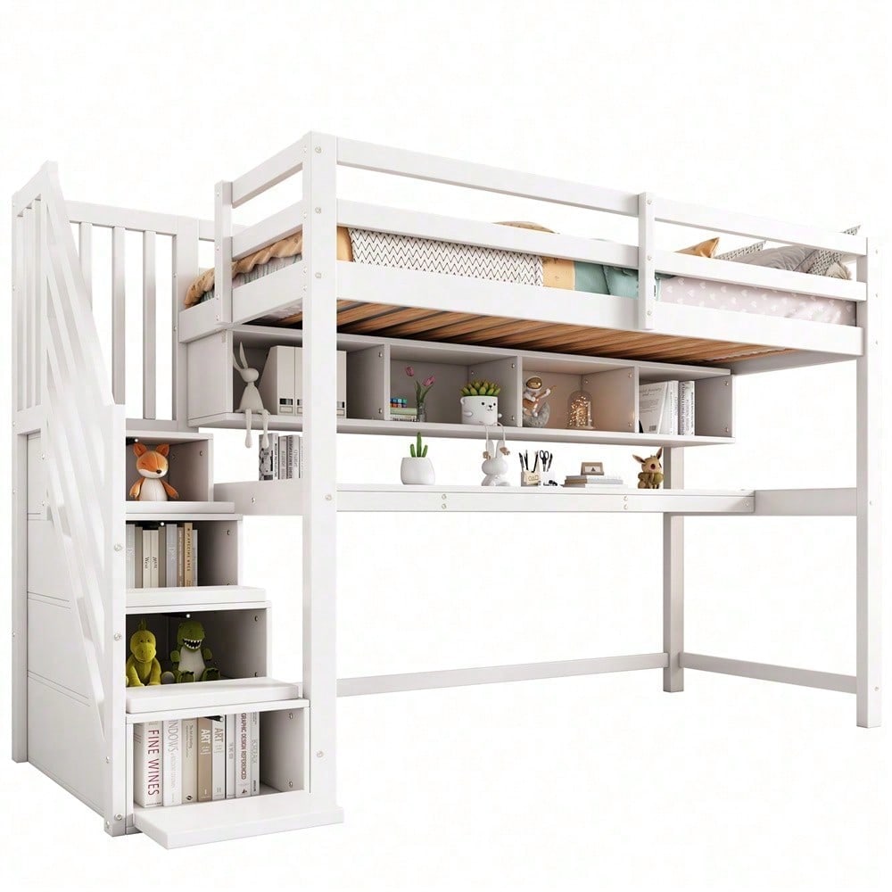 Kinderhochbett mit Stauraumtreppe 90*200cm, Massivholz+MDF, Etagenbett, Kinderbett mit großen Schreibtisch und Regalen,