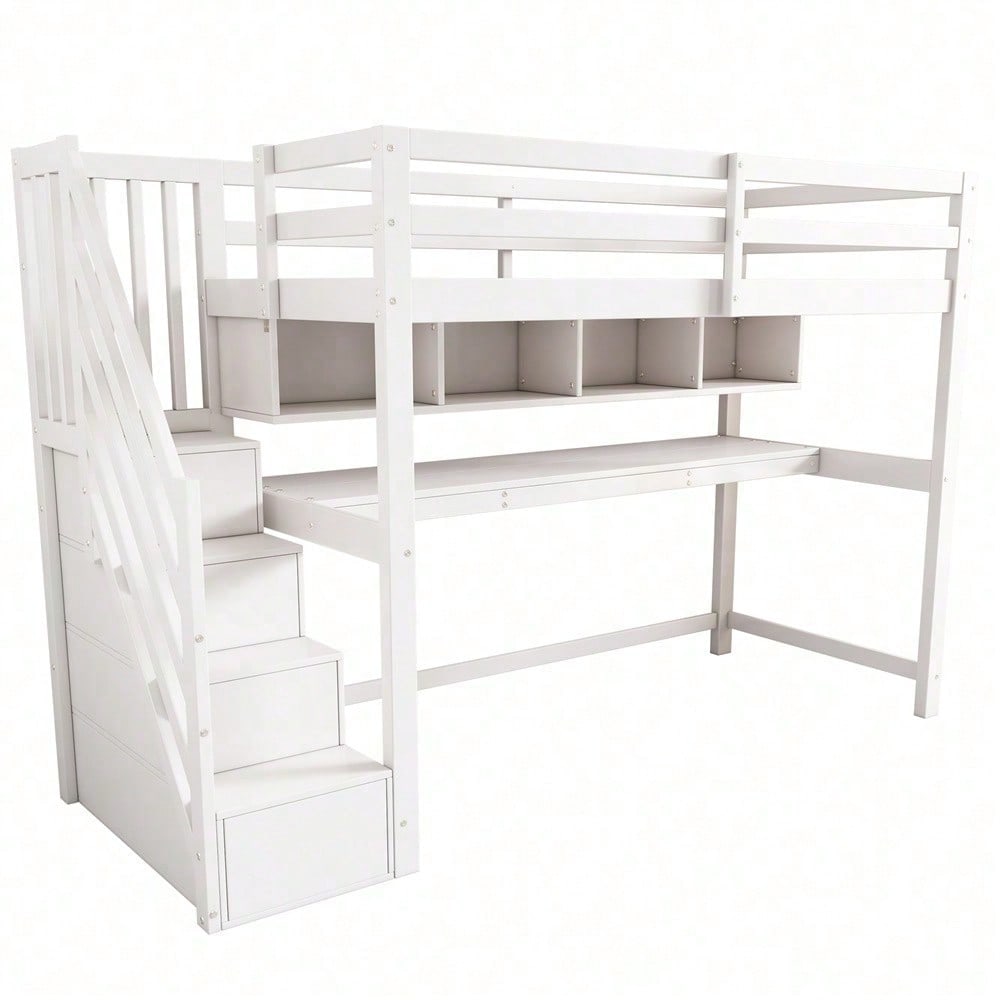 Kinderhochbett mit Stauraumtreppe 90*200cm, Massivholz+MDF, Etagenbett, Kinderbett mit großen Schreibtisch und Regalen,