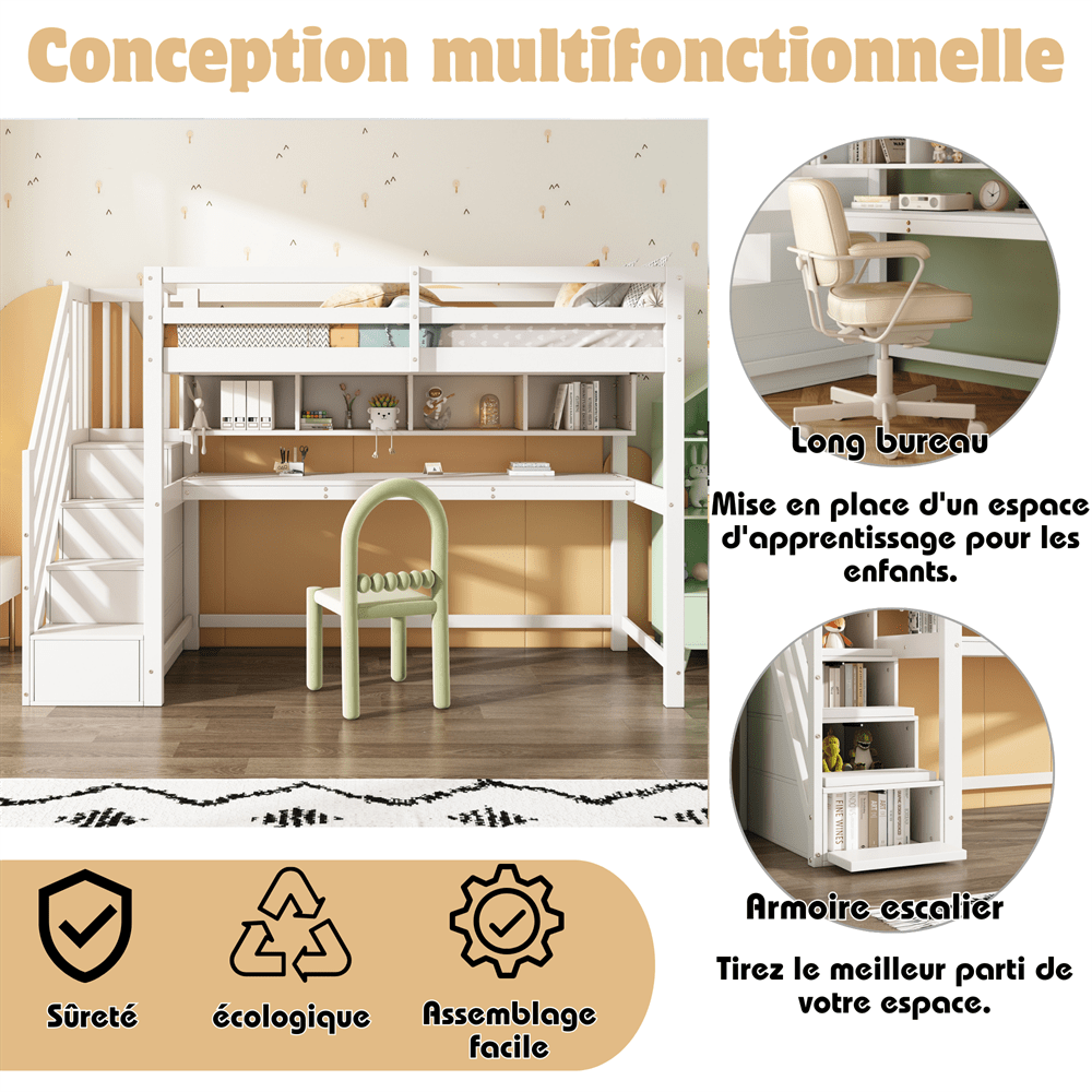 Kinderhochbett mit Stauraumtreppe 90*200cm, Massivholz+MDF, Etagenbett, Kinderbett mit großen Schreibtisch und Regalen,