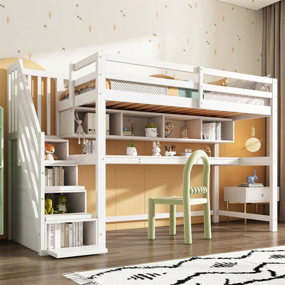 Kinderhochbett mit Stauraumtreppe 90*200cm, Massivholz+MDF, Etagenbett, Kinderbett mit großen Schreibtisch und Regalen,