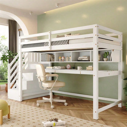 Kinderhochbett mit Stauraumtreppe 90*200cm, Massivholz+MDF, Etagenbett, Kinderbett mit großen Schreibtisch und Regalen,