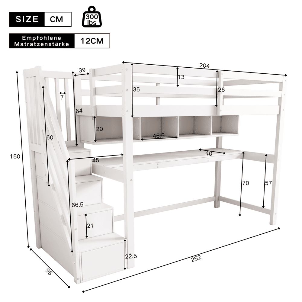 Kinderhochbett mit Stauraumtreppe 90*200cm, Massivholz+MDF, Etagenbett, Kinderbett mit großen Schreibtisch und Regalen,