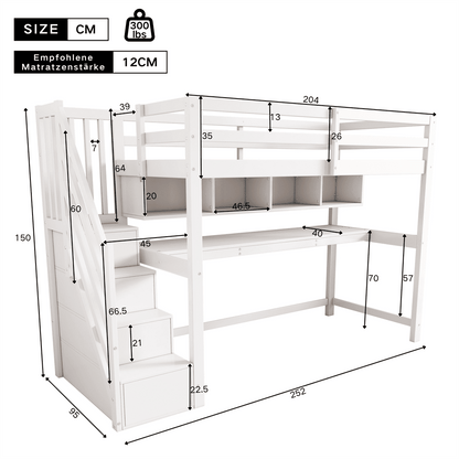 Kinderhochbett mit Stauraumtreppe 90*200cm, Massivholz+MDF, Etagenbett, Kinderbett mit großen Schreibtisch und Regalen,