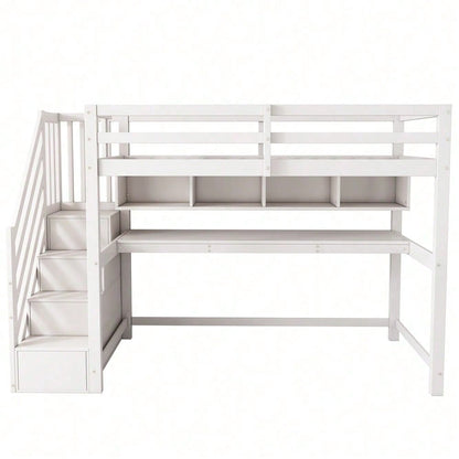 Kinderhochbett mit Stauraumtreppe 90*200cm, Massivholz+MDF, Etagenbett, Kinderbett mit großen Schreibtisch und Regalen,