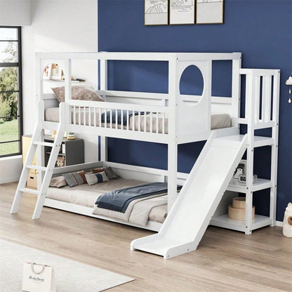 Kinder-Etagenbett, Doppelbett, multifunktionales Kinderbett, mit Regalen, mit Rutsche, ohne Matratze, weiß, 90*200