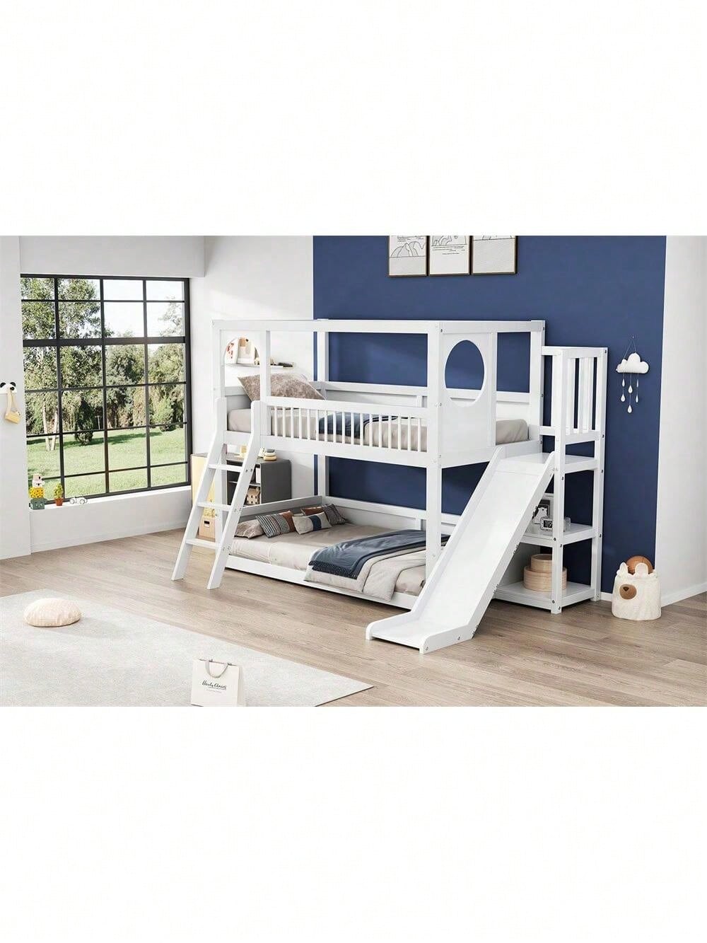 Kinder-Etagenbett, Doppelbett, multifunktionales Kinderbett, mit Regalen, mit Rutsche, ohne Matratze, weiß, 90*200