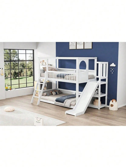 Kinder-Etagenbett, Doppelbett, multifunktionales Kinderbett, mit Regalen, mit Rutsche, ohne Matratze, weiß, 90*200