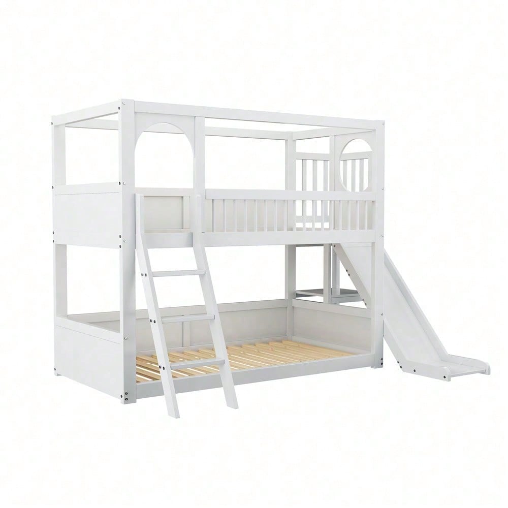 Kinder-Etagenbett, Doppelbett, multifunktionales Kinderbett, mit Regalen, mit Rutsche, ohne Matratze, weiß, 90*200