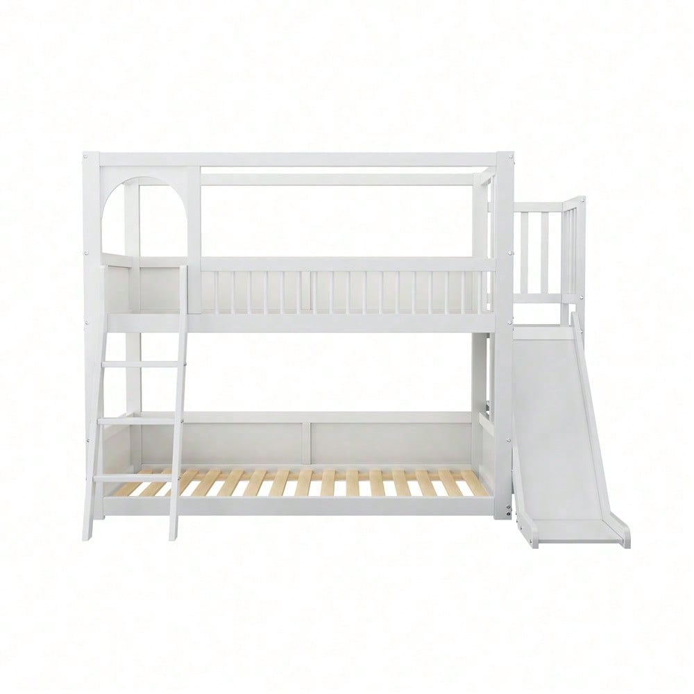 Kinder-Etagenbett, Doppelbett, multifunktionales Kinderbett, mit Regalen, mit Rutsche, ohne Matratze, weiß, 90*200