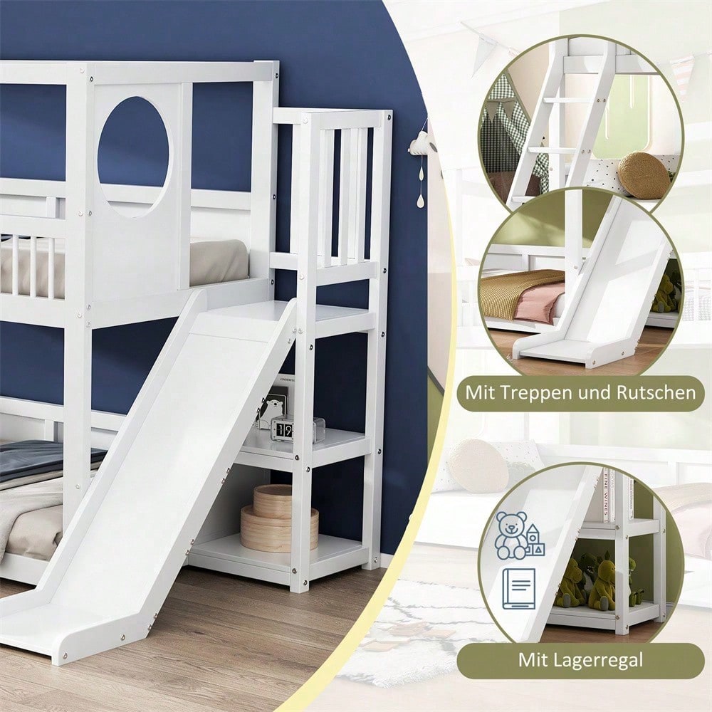 Kinder-Etagenbett, Doppelbett, multifunktionales Kinderbett, mit Regalen, mit Rutsche, ohne Matratze, weiß, 90*200