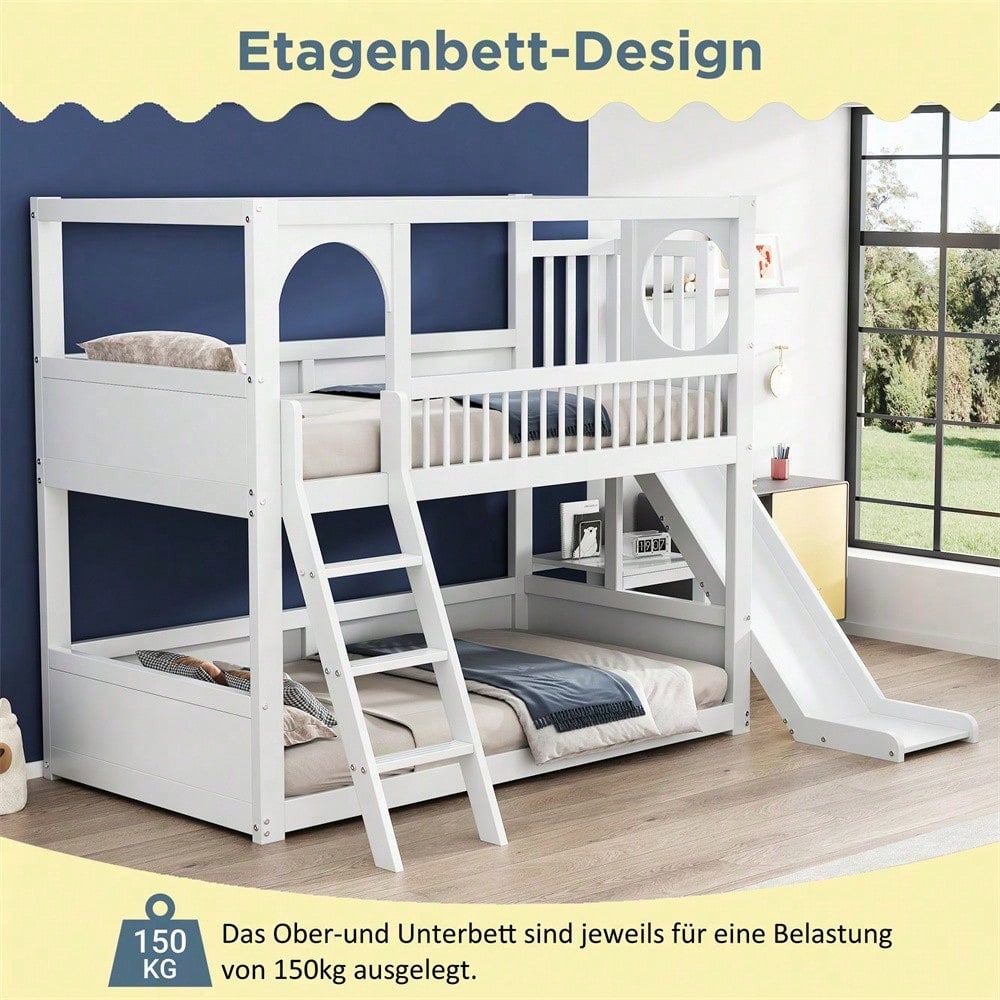 Kinder-Etagenbett, Doppelbett, multifunktionales Kinderbett, mit Regalen, mit Rutsche, ohne Matratze, weiß, 90*200