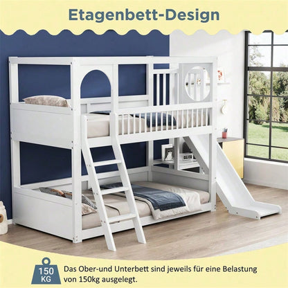 Kinder-Etagenbett, Doppelbett, multifunktionales Kinderbett, mit Regalen, mit Rutsche, ohne Matratze, weiß, 90*200