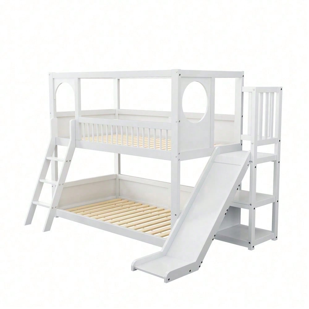 Kinder-Etagenbett, Doppelbett, multifunktionales Kinderbett, mit Regalen, mit Rutsche, ohne Matratze, weiß, 90*200
