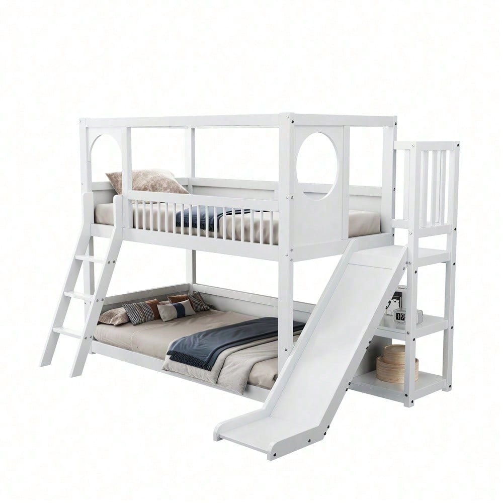 Kinder-Etagenbett, Doppelbett, multifunktionales Kinderbett, mit Regalen, mit Rutsche, ohne Matratze, weiß, 90*200