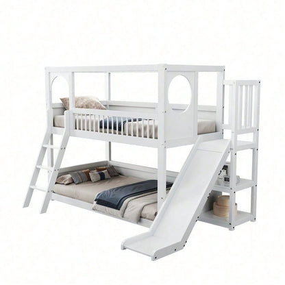 Kinder-Etagenbett, Doppelbett, multifunktionales Kinderbett, mit Regalen, mit Rutsche, ohne Matratze, weiß, 90*200