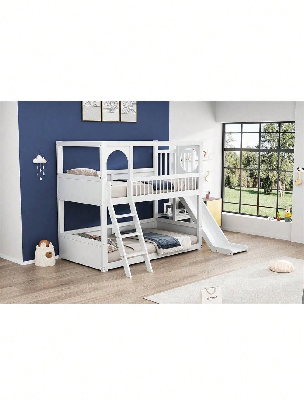 Kinder-Etagenbett, Doppelbett, multifunktionales Kinderbett, mit Regalen, mit Rutsche, ohne Matratze, weiß, 90*200