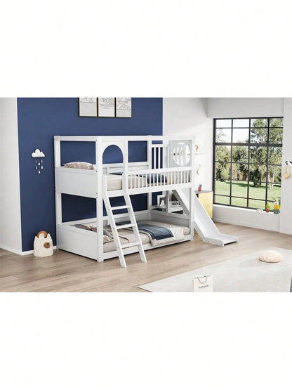 Kinder-Etagenbett, Doppelbett, multifunktionales Kinderbett, mit Regalen, mit Rutsche, ohne Matratze, weiß, 90*200