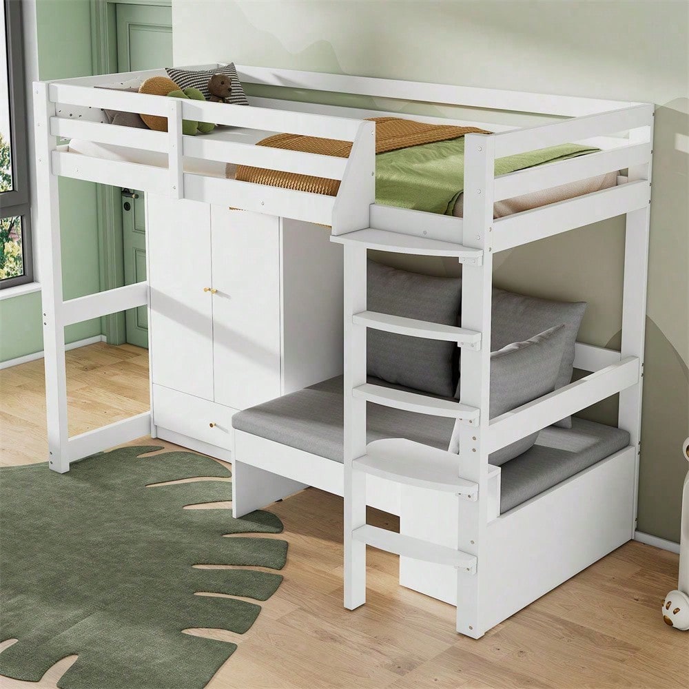 Hochbett für Kinder,Multifunktionales Kinderbett, mit eine Leiter, mit Kleiderschrank, Sofa mit Stauraum, drei Kissen und Auflagen, mit Ablageboden, ohne Matratze, Massivholz, weiß, 90 x 200