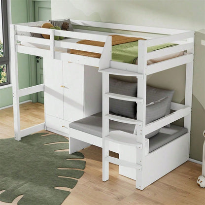Hochbett für Kinder,Multifunktionales Kinderbett, mit eine Leiter, mit Kleiderschrank, Sofa mit Stauraum, drei Kissen und Auflagen, mit Ablageboden, ohne Matratze, Massivholz, weiß, 90 x 200