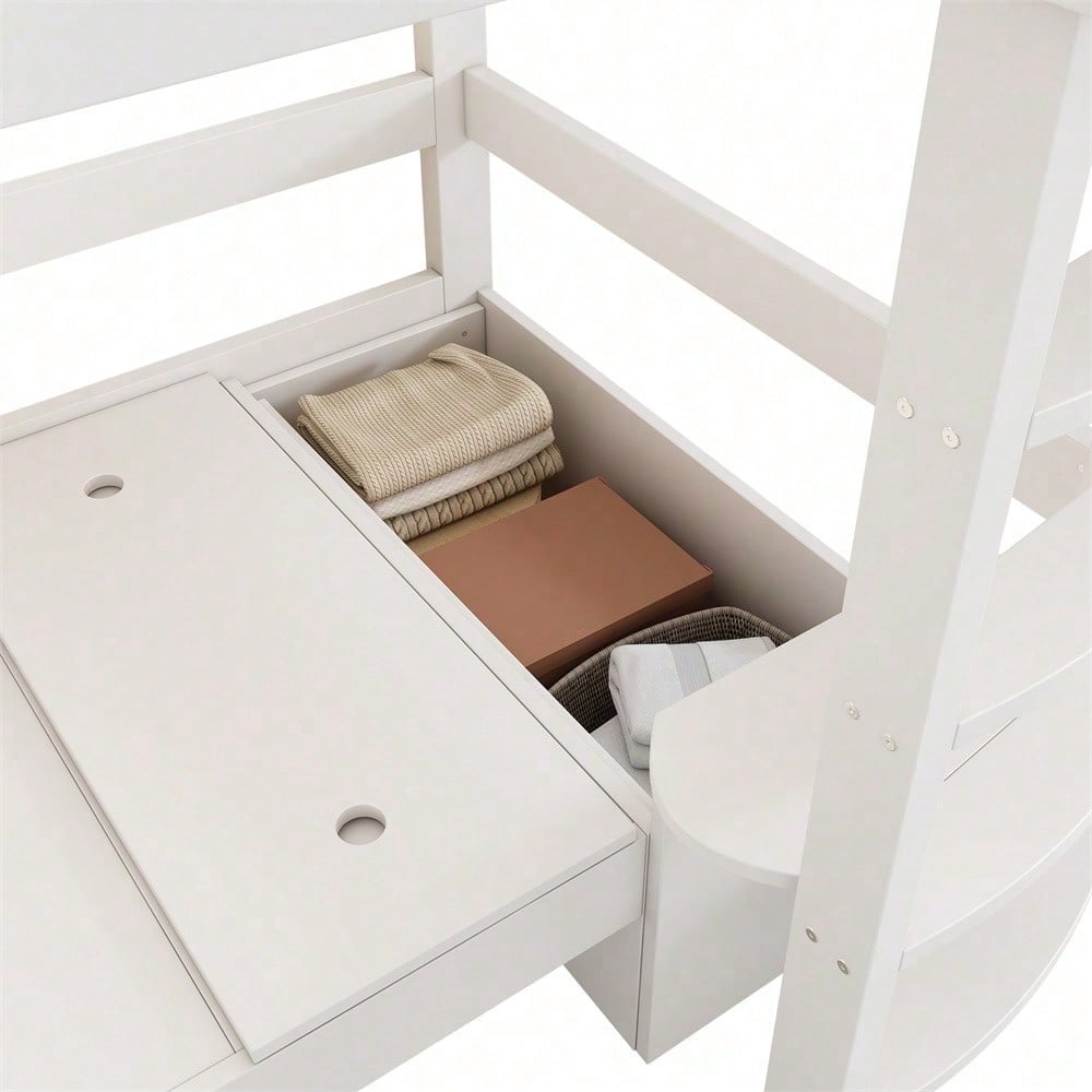Hochbett für Kinder,Multifunktionales Kinderbett, mit eine Leiter, mit Kleiderschrank, Sofa mit Stauraum, drei Kissen und Auflagen, mit Ablageboden, ohne Matratze, Massivholz, weiß, 90 x 200