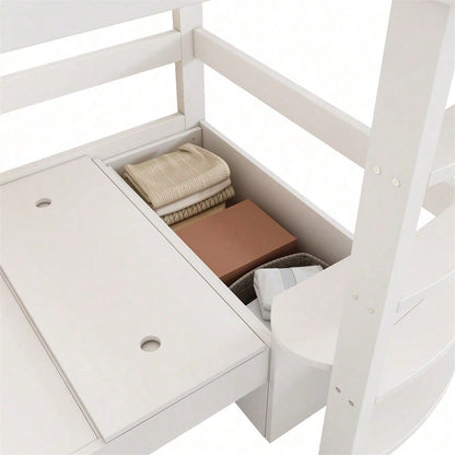 Hochbett für Kinder,Multifunktionales Kinderbett, mit eine Leiter, mit Kleiderschrank, Sofa mit Stauraum, drei Kissen und Auflagen, mit Ablageboden, ohne Matratze, Massivholz, weiß, 90 x 200