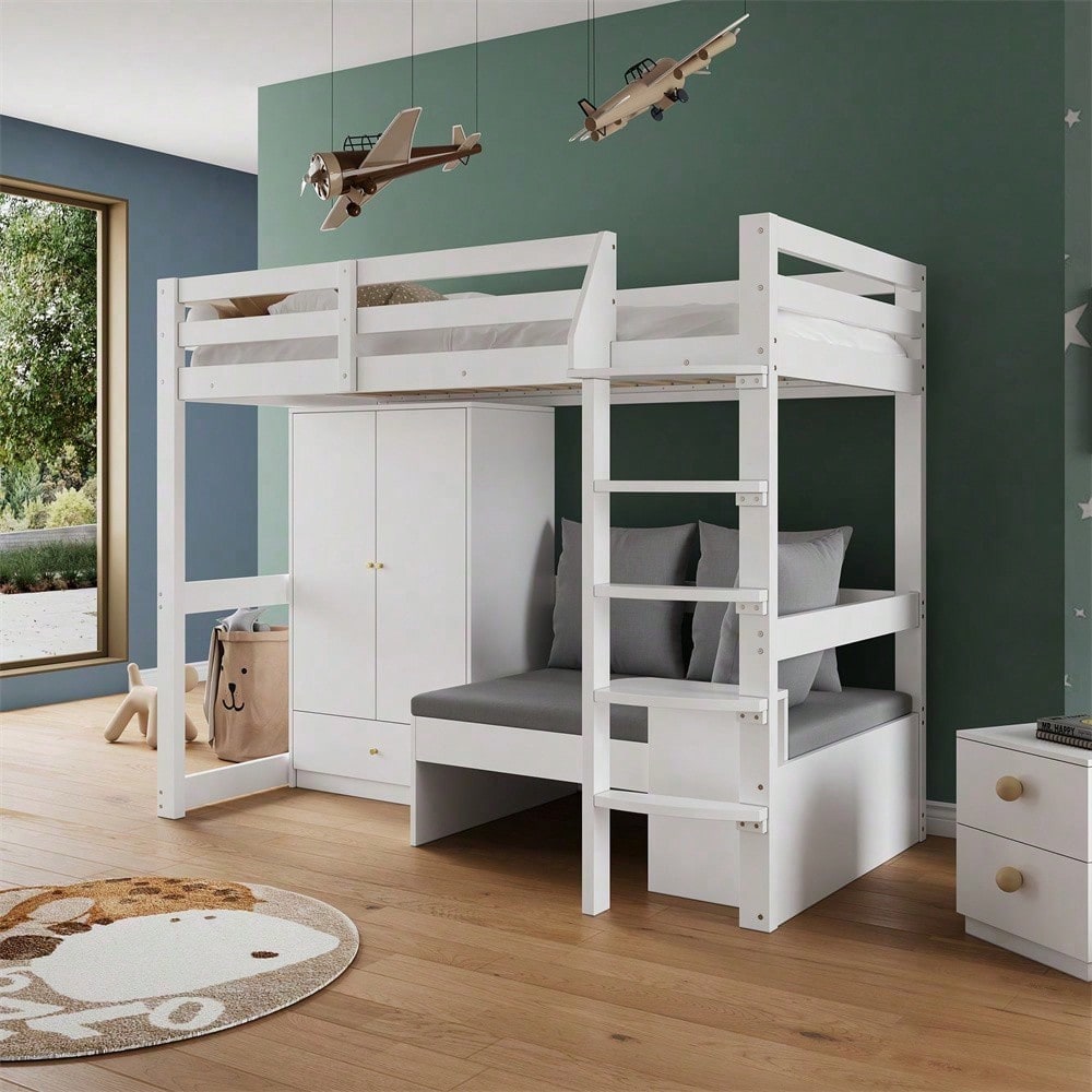 Hochbett für Kinder,Multifunktionales Kinderbett, mit eine Leiter, mit Kleiderschrank, Sofa mit Stauraum, drei Kissen und Auflagen, mit Ablageboden, ohne Matratze, Massivholz, weiß, 90 x 200