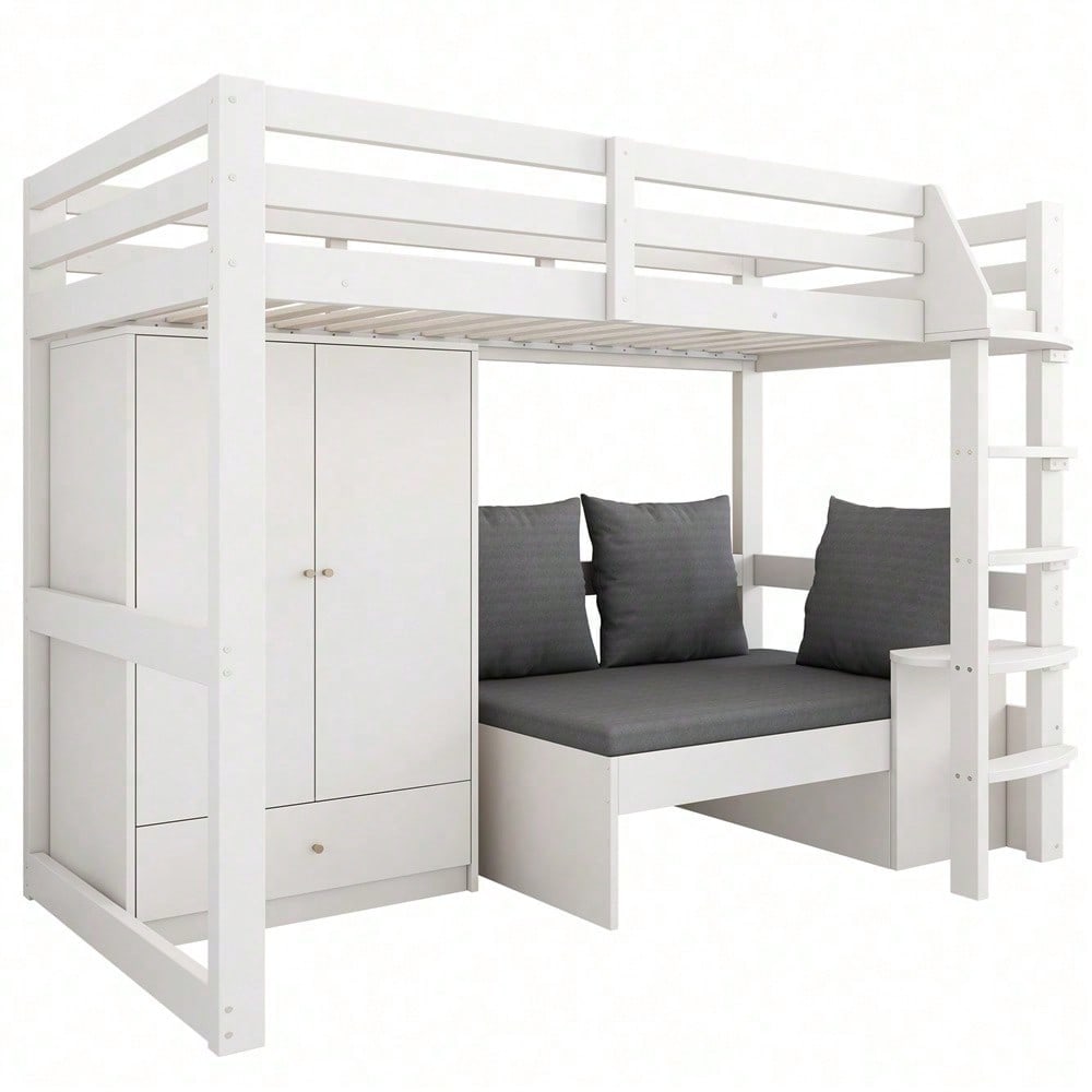 Hochbett für Kinder,Multifunktionales Kinderbett, mit eine Leiter, mit Kleiderschrank, Sofa mit Stauraum, drei Kissen und Auflagen, mit Ablageboden, ohne Matratze, Massivholz, weiß, 90 x 200