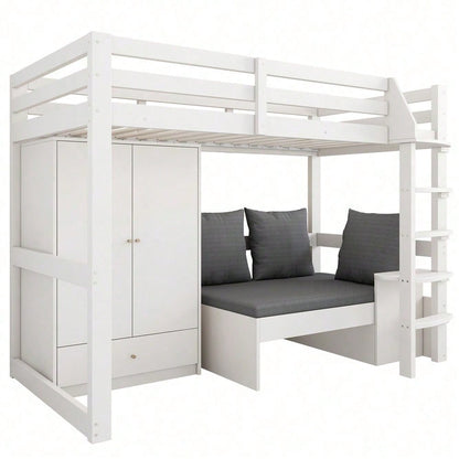 Hochbett für Kinder,Multifunktionales Kinderbett, mit eine Leiter, mit Kleiderschrank, Sofa mit Stauraum, drei Kissen und Auflagen, mit Ablageboden, ohne Matratze, Massivholz, weiß, 90 x 200