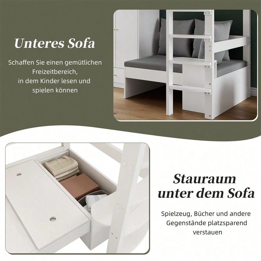 Hochbett für Kinder,Multifunktionales Kinderbett, mit eine Leiter, mit Kleiderschrank, Sofa mit Stauraum, drei Kissen und Auflagen, mit Ablageboden, ohne Matratze, Massivholz, weiß, 90 x 200