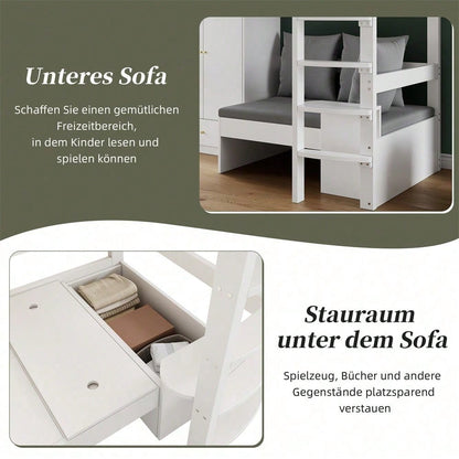 Hochbett für Kinder,Multifunktionales Kinderbett, mit eine Leiter, mit Kleiderschrank, Sofa mit Stauraum, drei Kissen und Auflagen, mit Ablageboden, ohne Matratze, Massivholz, weiß, 90 x 200