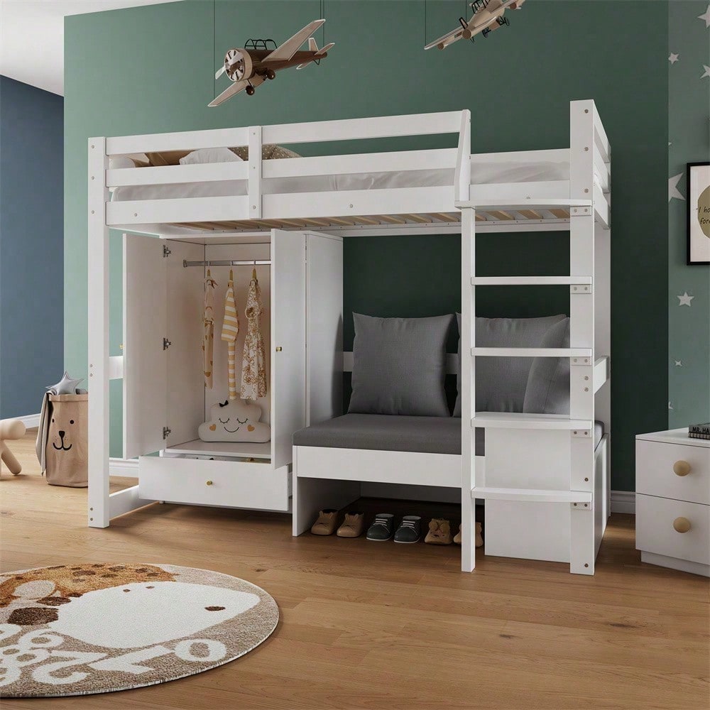 Hochbett für Kinder,Multifunktionales Kinderbett, mit eine Leiter, mit Kleiderschrank, Sofa mit Stauraum, drei Kissen und Auflagen, mit Ablageboden, ohne Matratze, Massivholz, weiß, 90 x 200