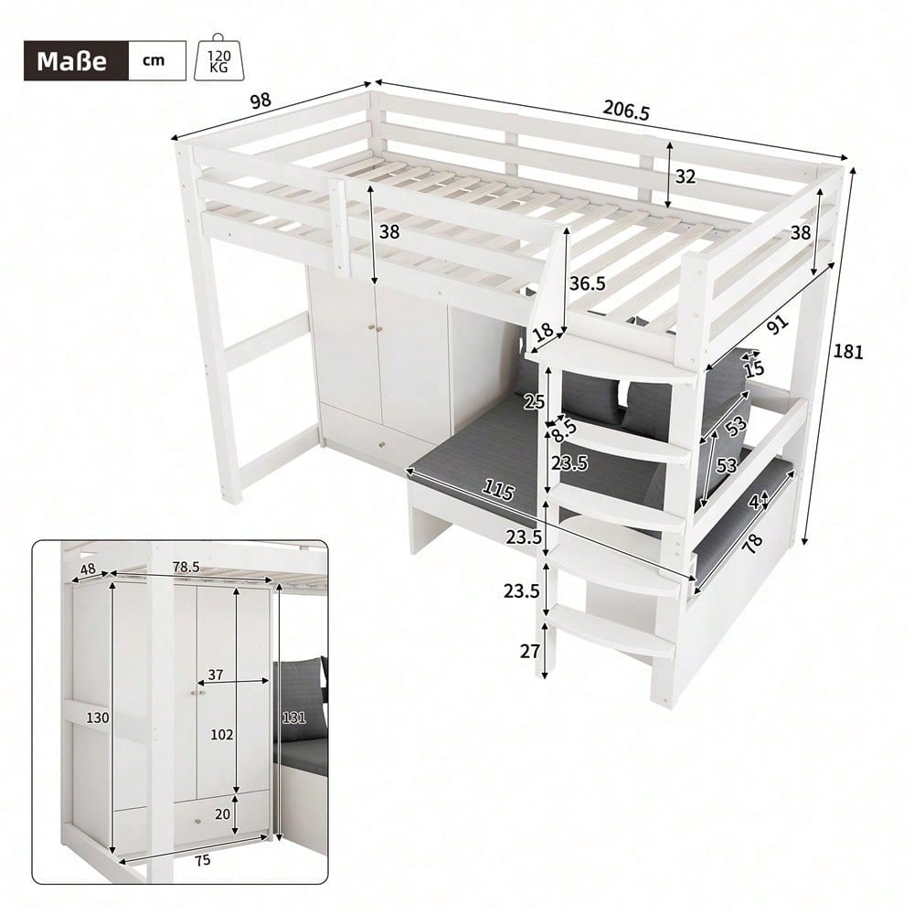 Hochbett für Kinder,Multifunktionales Kinderbett, mit eine Leiter, mit Kleiderschrank, Sofa mit Stauraum, drei Kissen und Auflagen, mit Ablageboden, ohne Matratze, Massivholz, weiß, 90 x 200